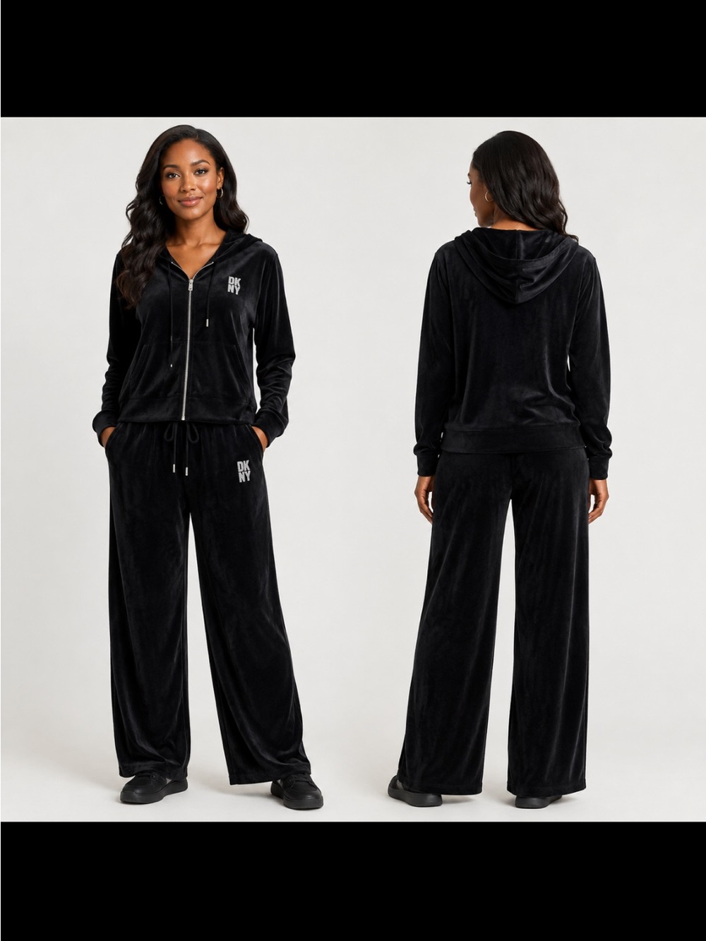 DKNY Black Velour Zip Hoodie Bomber Jacket